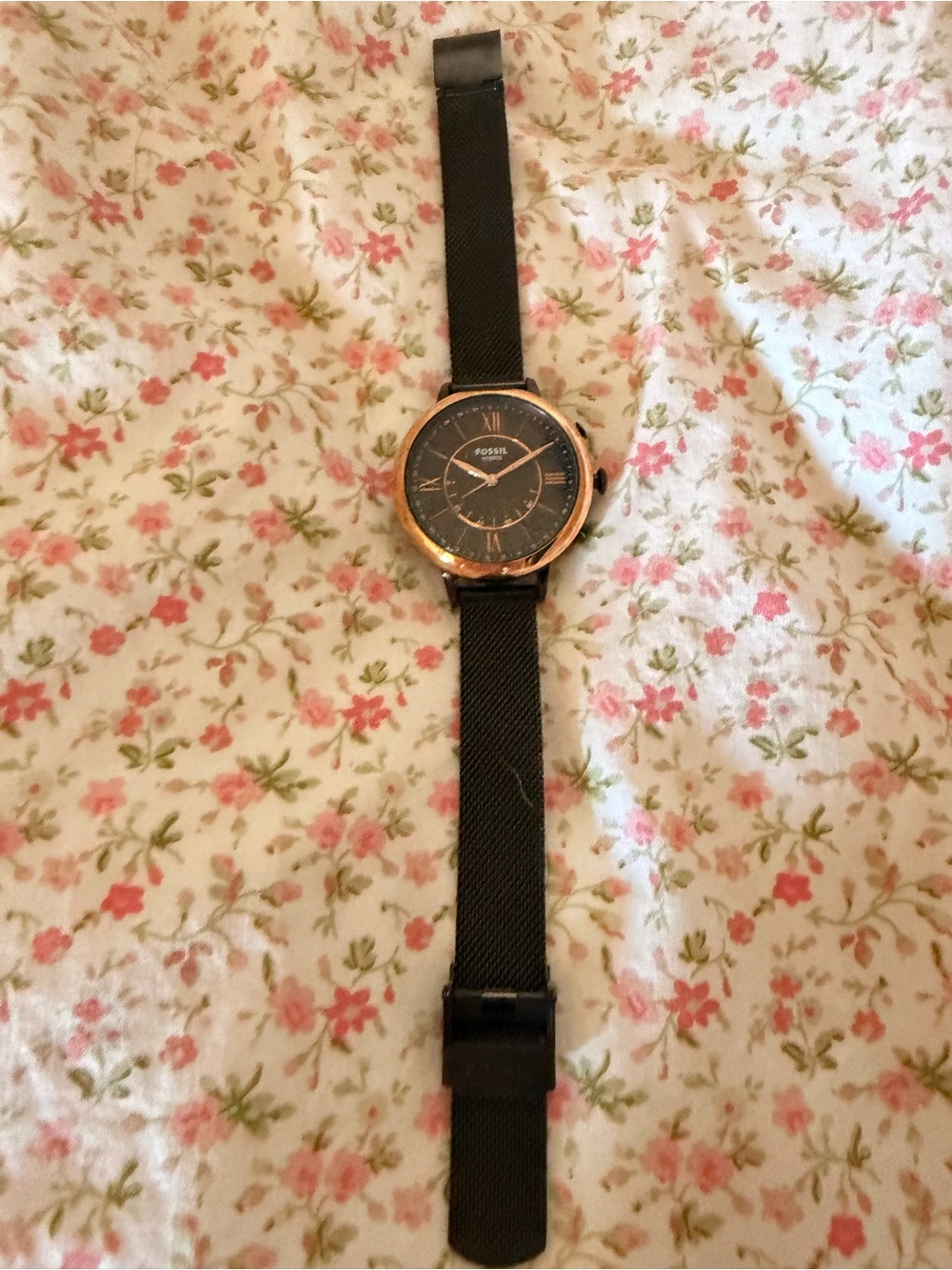 Fossil Black Mesh Strap Watch with Rose Gold Case